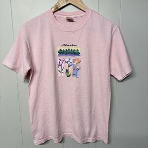 Vintage 2002 Anvil Alaska Wildflowers T-Shirt Pink Floral Graphic Tee Men S EUC